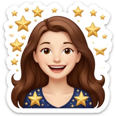 woman with long brown hair laughing with stars and sparkles, light beige sticker