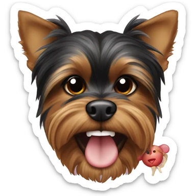 black and red yorkie with a toy mouse in his teeth sticker