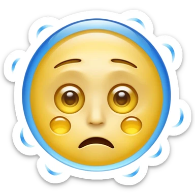 typical yellow emoji face with eyes reflecting digital overload, glassy and glossy with blue light reflections, floating windows or icons in the eyes, expression showing mental exhaustion, confusion, or trance-like state from too much virtual content sticker