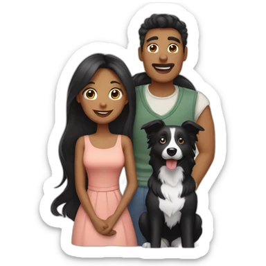 Family formed by a man and a woman with long black hair and small black border collie sticker