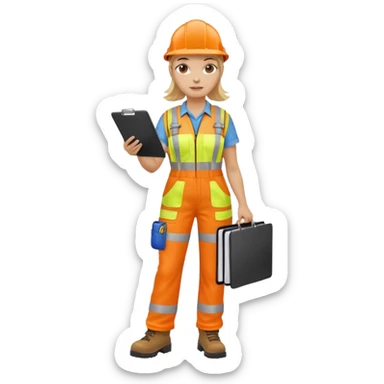 woman in orange hi vis overalls and boots holding a clipboard, walking sticker