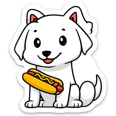 dog eating a suspicious hot dog sticker