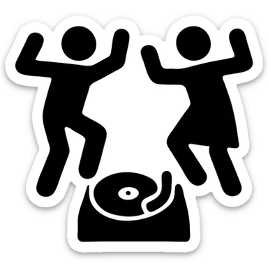 Two minimalist stick figures dancing near a record player, like a warning sign, black and white sticker