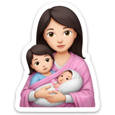 Mother with a white shirt and dark hair holding her newborn babygirl swaddled in pink blanket sticker