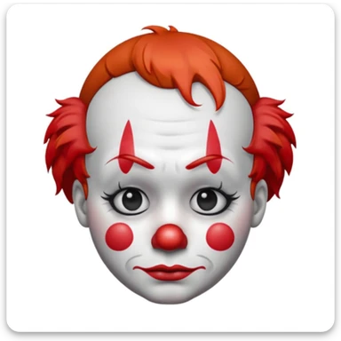 passport photo of a sad clown emoji, white face paint, red nose, classic makeup with frown and drooping eyebrows, multiple tears, short tufted faded red hair, polka-dotted costume in muted tones, glossy 3D look, centered, white background sticker