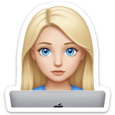  girl with blue eyes,  blonde hair working with Mac  sticker