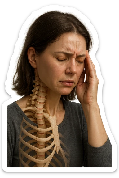 donna stanca che si tiene una mano sulla tempia con spina dorsale anatomica visibile, iperrealistico 4k sticker