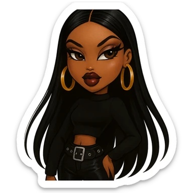 stylish Bratz doll baddie, straight black hair, brown skin, glamorous makeup, dark brown eyes, gold hoop earrings sticker