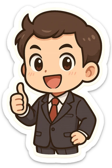 mini manager character, giving thumbs up, suit and tie, chibi proportions, energetic, simple background, manga-inspired style sticker