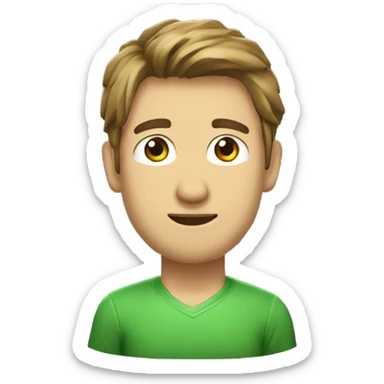 Un hombre de tez clara, pelo castaño y liso, ojos verdes, muy lindo y con audífonos gamer sticker