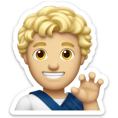 Male with blonde hair waving hand to say hello with a Scotland sticker