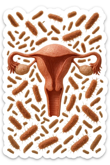 batteri intestinali fluttuano intorno ad un utero umano anatomico, iperrealistico 4k sticker