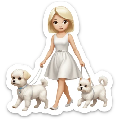 blonde woman wearing white, walking a small maltese dog. sticker