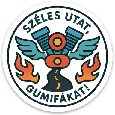 circular design for motorcycle cap, text 'Széles utat, gumifákat!', motorcycle motifs including motor, road, wings, flames, well-wishing style sticker