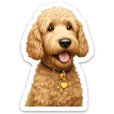 Golden doodle dog lovingly looking at his human fathers. They are in a meadow cliff overlooking a small village. sticker