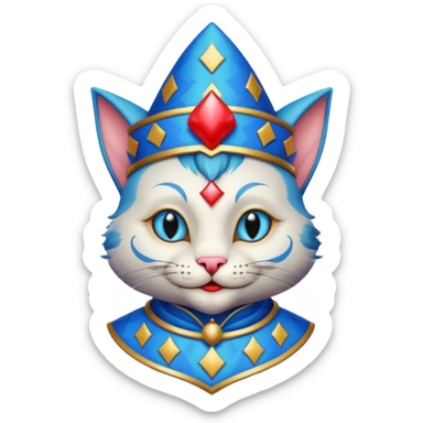 crazy colorful cute little cat jolly joker from poker, medieval, vintage, court jester, mac os icon, blue color, poker cards, mage sticker