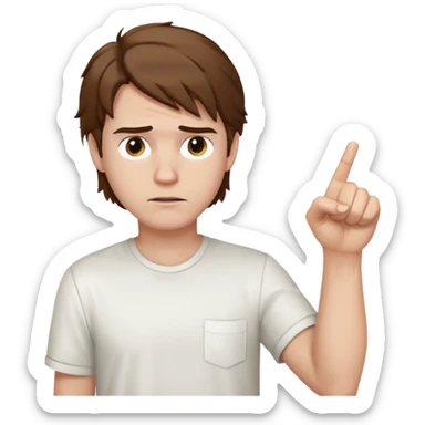 Weak man with disheveled hair pointing to his right sticker