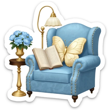 A cozy vintage-inspired reading nook, with an overstuffed ivory armchair, a golden reading lamp, and a bouquet of soft blue roses, white peonies, and dahlias resting on a small lace-covered side table, as a pearl butterfly gently rests on the open book.  sticker