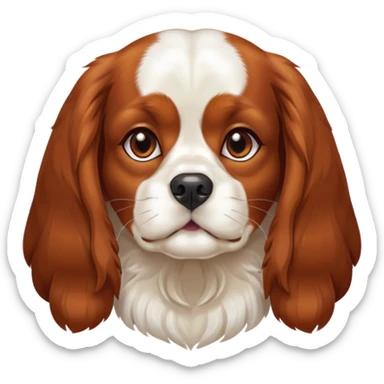 Cinematic Noble Blenheim Cavalier King Charles Spaniel Portrait Emoji, Poised and regal, with a graceful, medium build and a well-groomed Blenheim coat featuring rich chestnut and white markings, soulful brown eyes, Simplified yet sharp and sophisticated features, highly detailed, glowing with a soft, dignified glow, high shine, intelligent and affectionate, stylized with an air of elegance, focused and attentive, soft glowing outline, capturing the essence of a watchful and refined companion, so majestic it feels as though it could step out of the screen with effortless authority! sticker