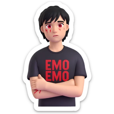 emo person with arm scars, black t-shirt with bold red lettering, emotional expression sticker