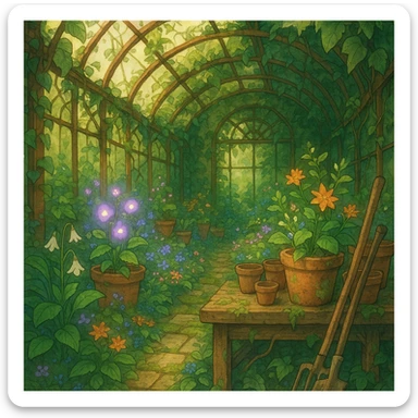 Overgrown greenhouse with forgotten tools and blooming magic herbs. sticker
