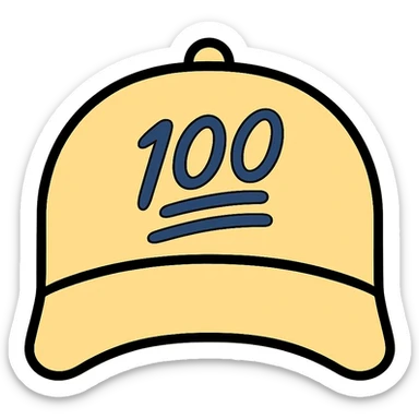 Change the color of the embroidered 100 emoji to navy blue and make the hat a pastel yellow, keeping the color outline icon style with no background. sticker