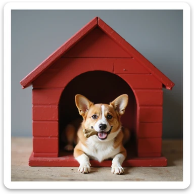 realistic red dog house with a Corgi dog inside, Corgi with a chew bone, photorealistic style sticker