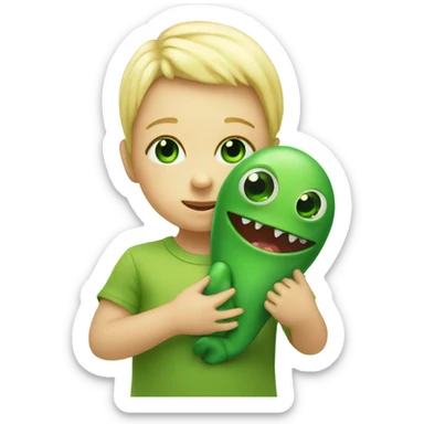 Little blonde baby holding the hand a big green one eyed monster sticker