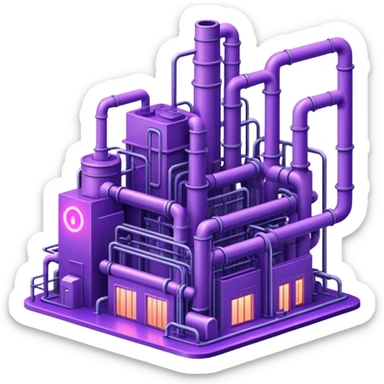AI-powered factory. It should be a building with pipes. Add violet neon glowing symbolizing power of AI sticker
