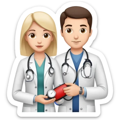 Doctor measuring patient's blood pressure with sphygmomanometer and stethoscope, medical pressure check sticker