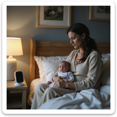 hyperrealistic 4K image of new mother sitting on bed, baby monitor on nightstand, glancing at it with anxious expression, dark circles under eyes, nursery filled with safety devices sticker