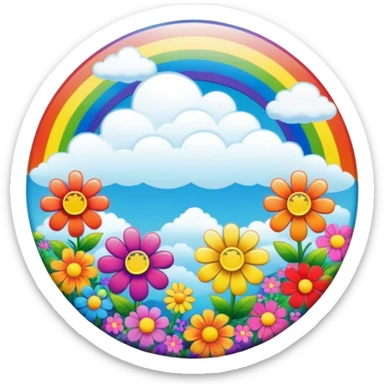 A round psychedelic colored button with a bezeled rainbow with clouds and colorful hippie style flowers sticker