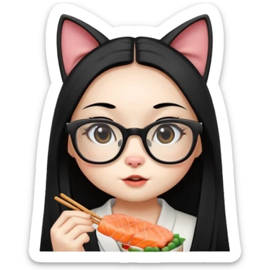cute girl cat with long straight hair and really big square glasses with super thin frames eating sushi sticker