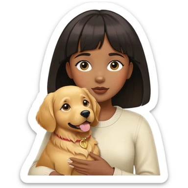 A black girl with short bangs holding a golden retriever sticker