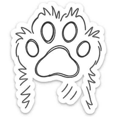 fluffy cat paw, hand drawn style, sketchy black lines, no fill, playful sticker
