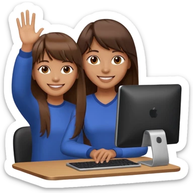 a designer with tan skin long brown hair bangs waving with computer sticker