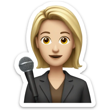 A white woman, straight and brown hair, with a microphone being a journalist sticker