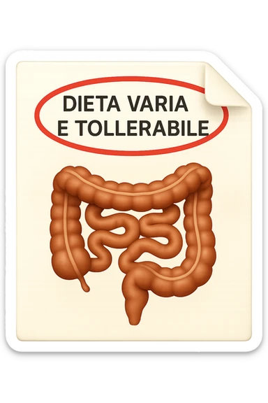 emoji stile iphone di un foglio con un INTESTINO disegnatO sopra e la scritta "DIETA VARIA E TOLLERABILE" CERCHIATA IN ROSSO, iperrealistico 4k, isolato su sfondo bianco sticker