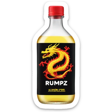clear bottle with clear alcohol with yellow dragon on a black and red label that says “RUMPZ” alcohol sticker
