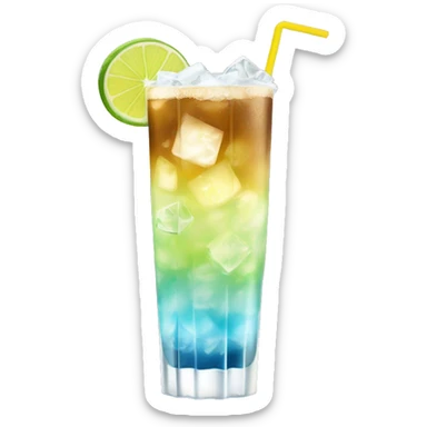 a tall and thin highball cocktail with 2 colors, brown on the bottom and light yellow on top with crush ice and a straw, juste one drink, clear separation between colors, grated lime on top of ice, really thin crushed ice sticker