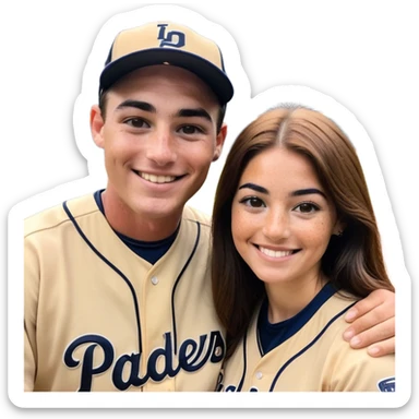 *White* couple smiling. Woman has big cheeks and a lot of freckles on the nose. long brown hair. Man has black and very short hair and prominent eyebrows with egipcian nose. Both are wearing “Los Padres” baseball jerseys and with a sign that says “Go Padres!” sticker