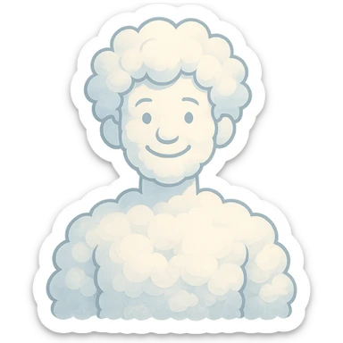bright and recognizable person from shoulders, front view, composed of cloud-like shapes similar to reference, no text sticker
