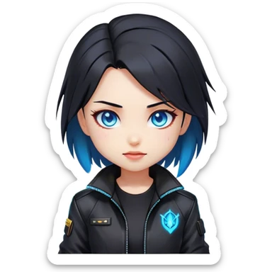 Black hair cyberpunk 2077 chibi girl with blazing blue eyes and black jacket. All emotion reaction happy sticker