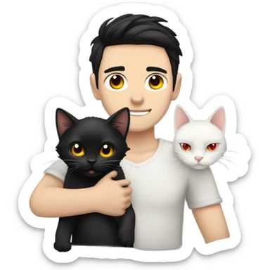 pale guy with black hair, red eyes and tattooed holding a cute black cat sticker