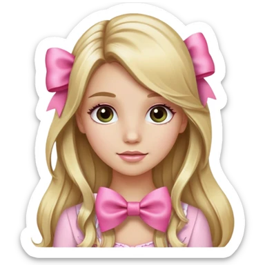 Pretty blonde bombshell girl with long hair and highlights. She has long eyelashes and a pink bow in her hair. She is holding a grea sticker