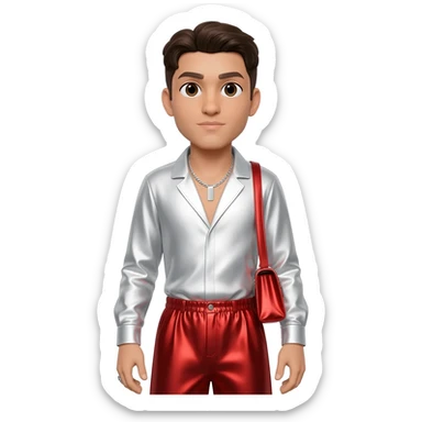 Anwar Jibawi with dark brown hair, white metallic shirt, red metallic baggy pants, silver necklace sticker