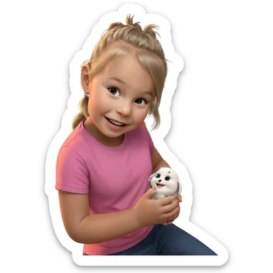 smiling girl holding animal sticker