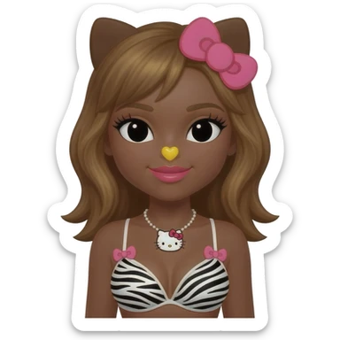 black eyes, cute heart shaped lips, long lashes, bimbo, dark brown skin with honey brown hair with hello kitty brown ears, with yellow nose, zebra print bra with pink bows, hello kitty necklace sticker