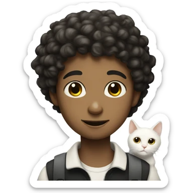 curly headed boy with white cat with large black spots sticker