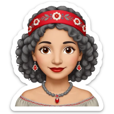 Latina woman, about 50 years old, warm light brown skin, round soft face, curly black and gray hair, red and white headband, medium eyes, thin eyebrows, gentle smile, gray peasant blouse with embroidery, bare shoulders, large dark necklace sticker